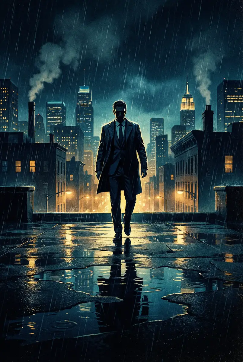 永猎双子千珏 出品影片《雨夜独行者》海报，雨中城市屋顶男性剪影